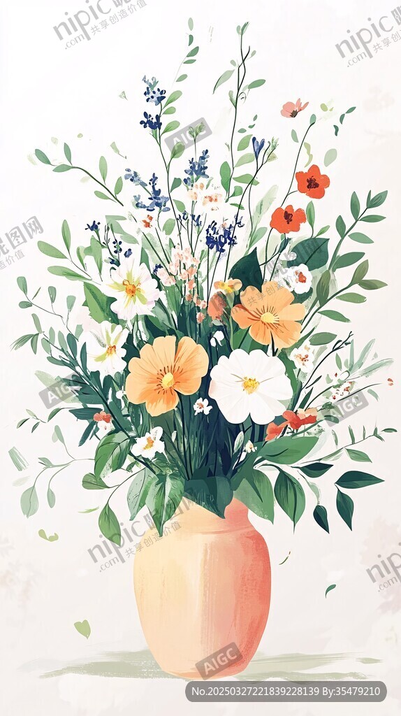 花瓶中的多彩花卉插畫