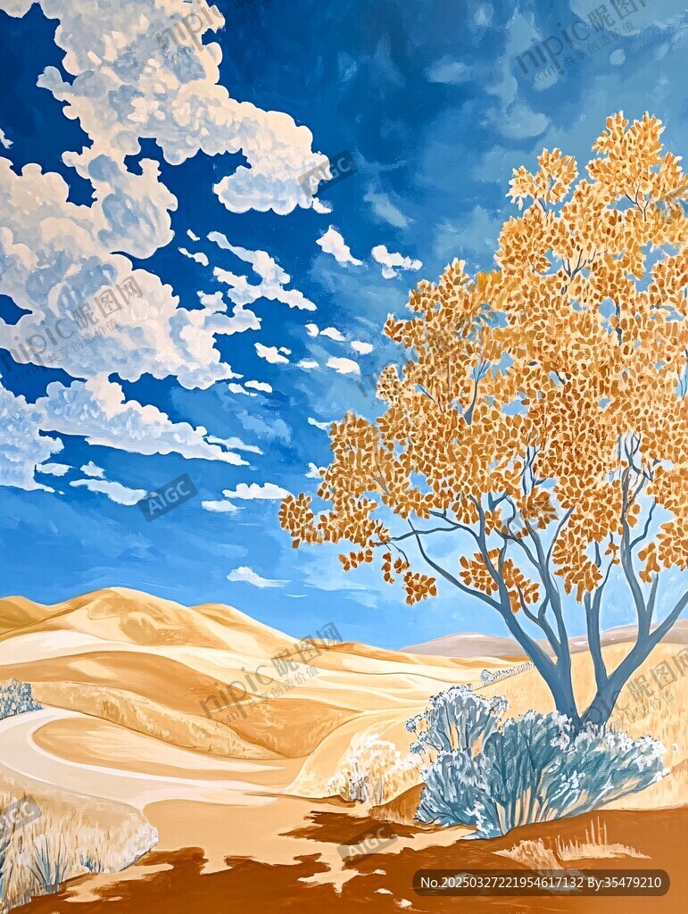 沙漠孤樹藍天夢幻景致