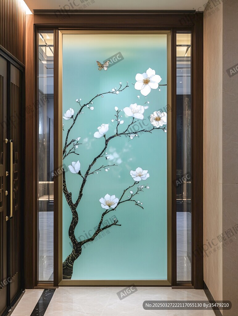 中式玄關玉蘭花玻璃屏風