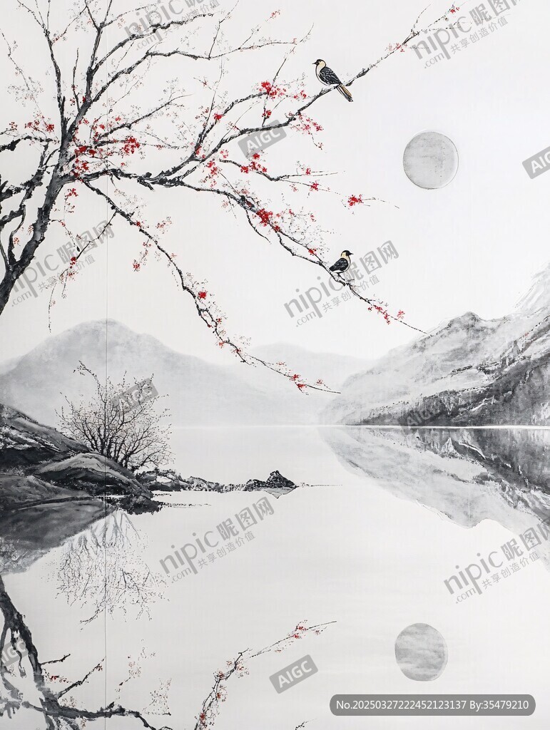 月夜紅梅棲鳥山水圖