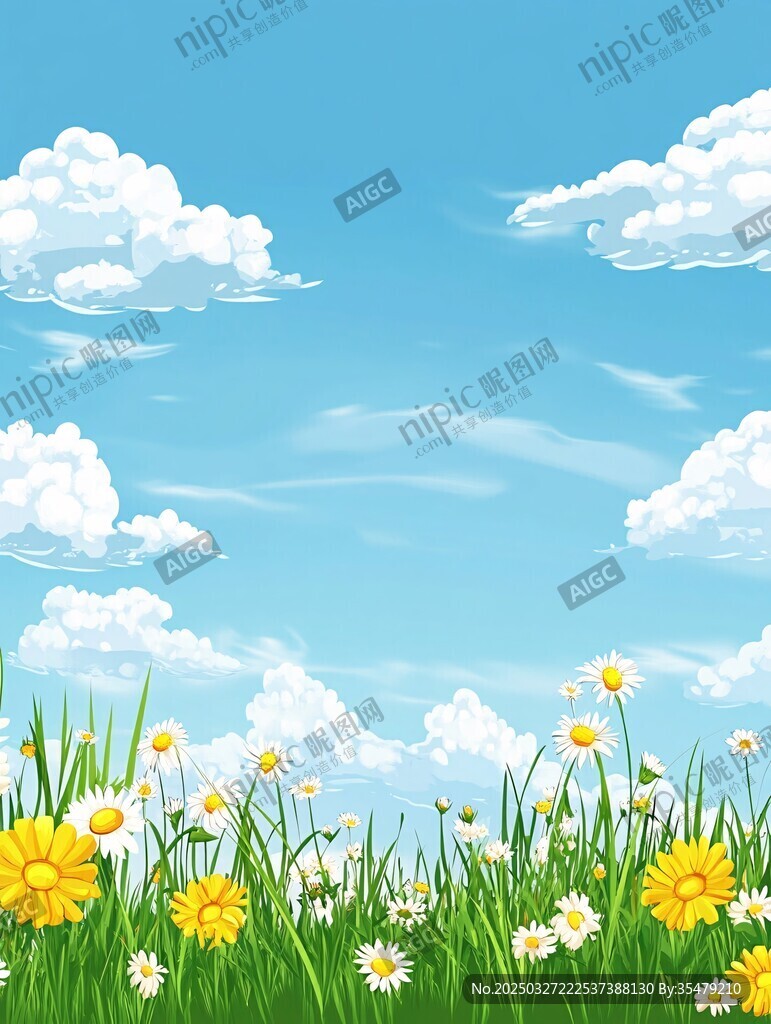 藍天白云下的爛漫花海