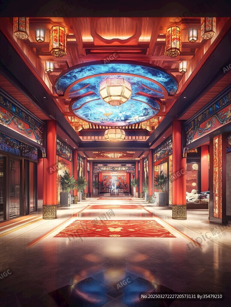 中式奢華大廳走廊內景