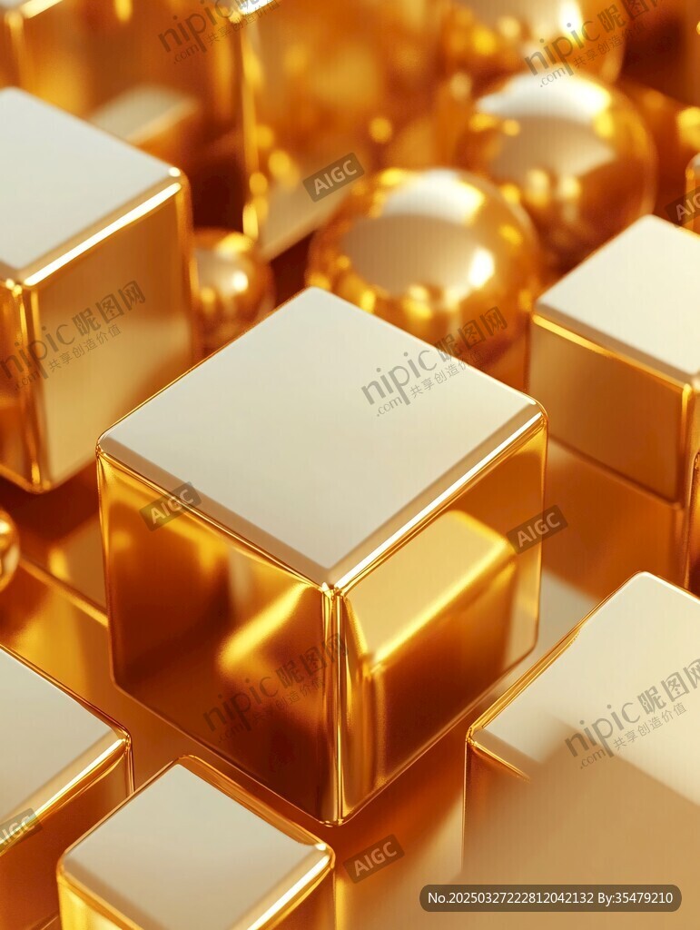 金色立體方塊與圓球組合
