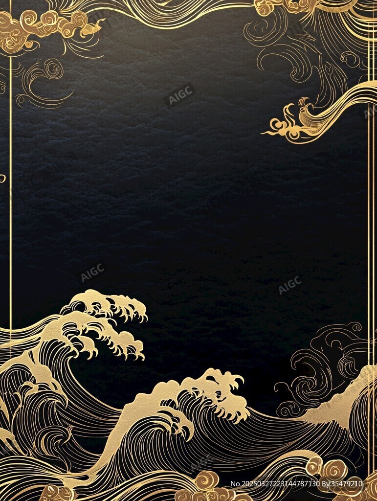黑金海浪中式邊框背景圖