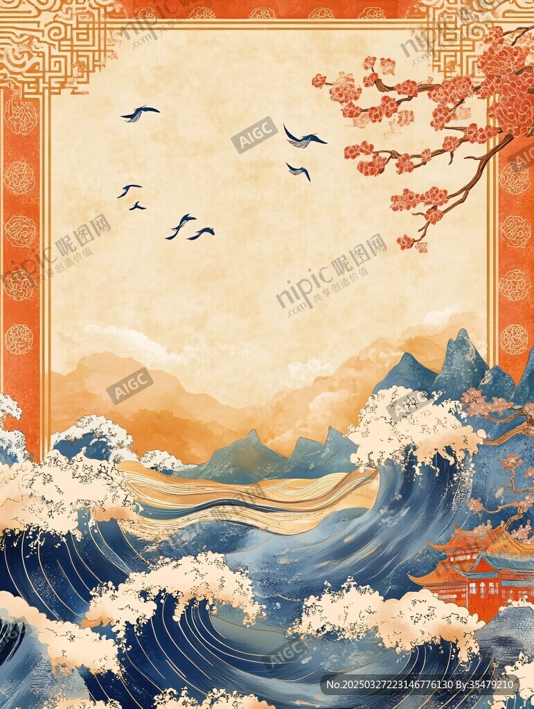 中式山水海浪飛鳥古韻圖
