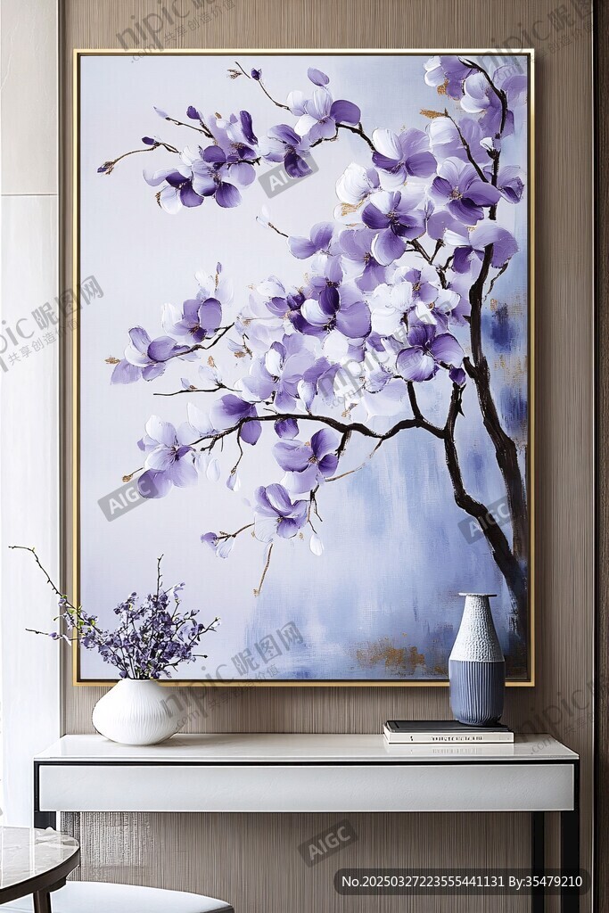 紫色花卉掛畫裝飾室內一角