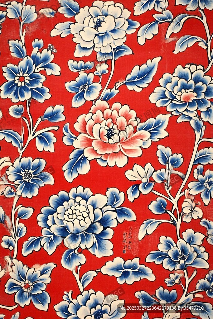 中式紅底藍白花卉織物圖案