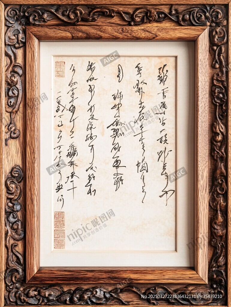 中式木框裝裱的書法作品