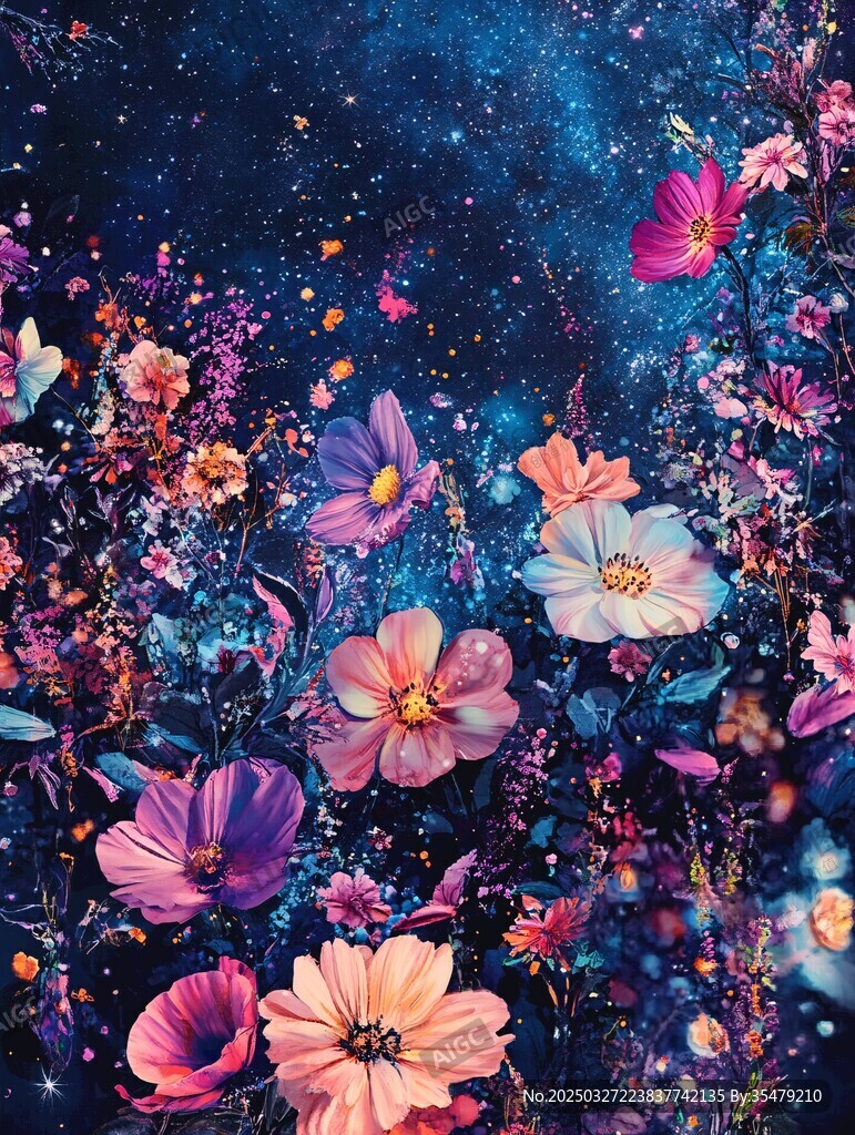 夢幻星空下的絢爛花卉世界