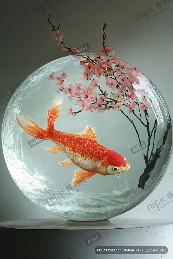 球形魚缸中的金魚與花枝
