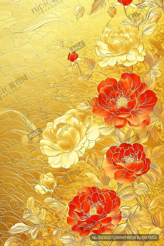 金色背景上的絢麗牡丹花卉
