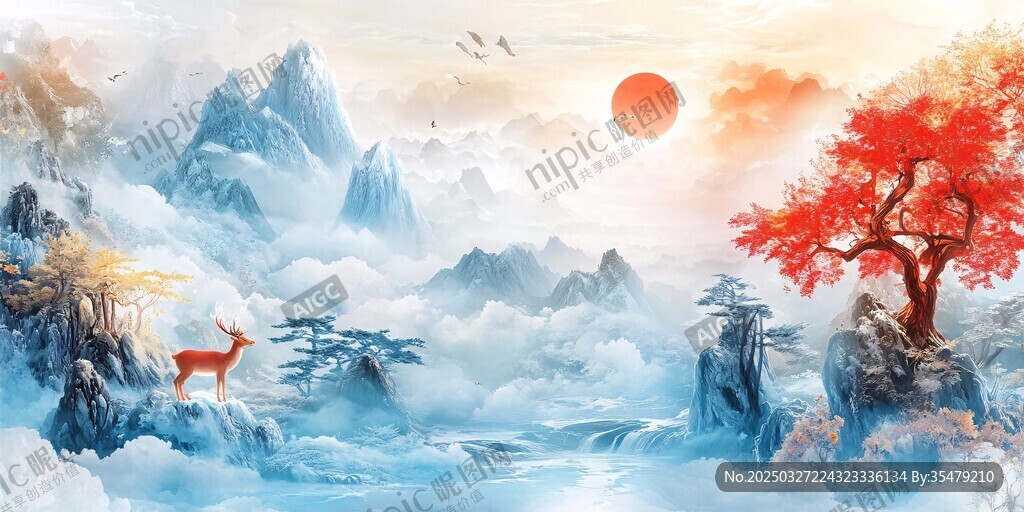 紅日山林間 靈鹿踏云景