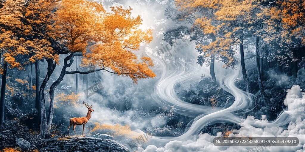 夢幻秋林小鹿與蜿蜒霧徑