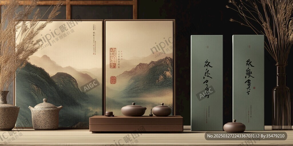 中式雅致茶具與山水屏風(fēng)