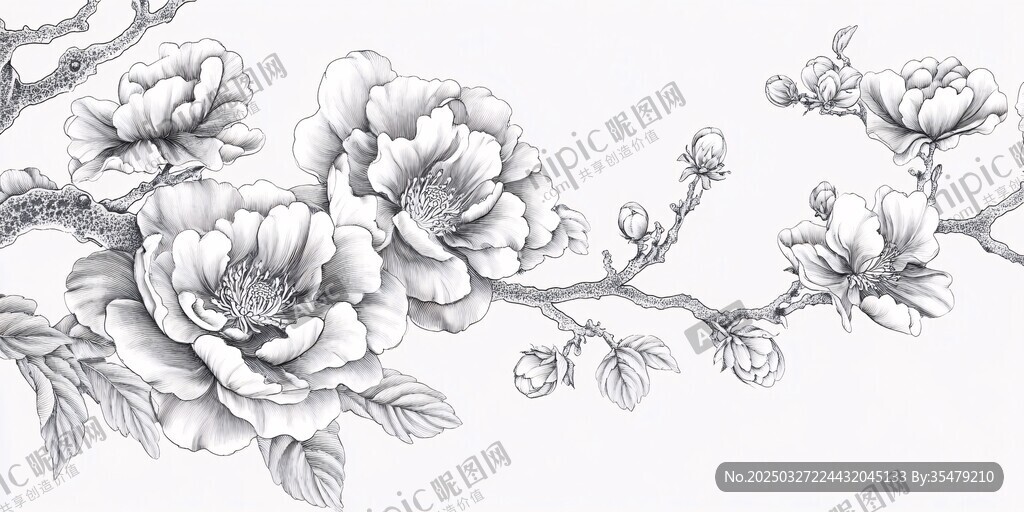 牡丹花卉線描裝飾圖案