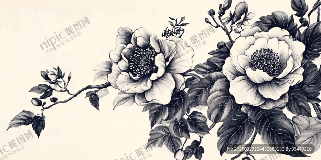 黑白牡丹花卉插畫