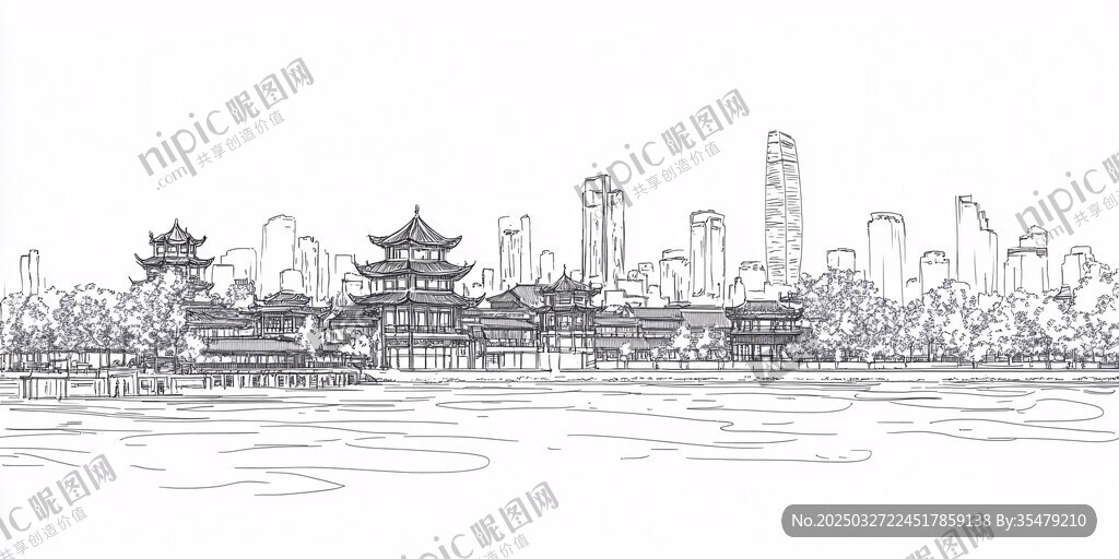 水墨風(fēng)古今交融城市景致
