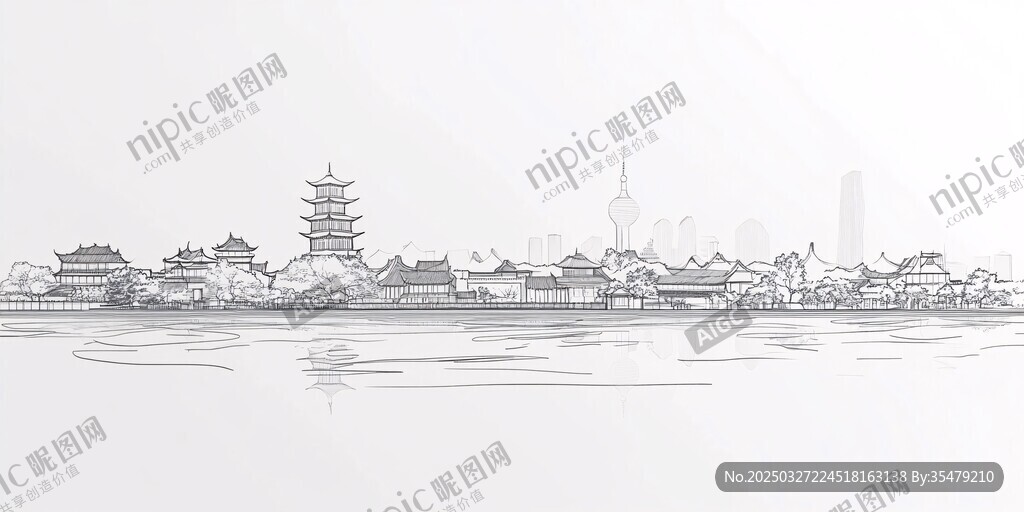 水墨風城市古建筑線描圖