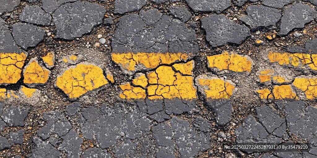 開裂的路面黃標線