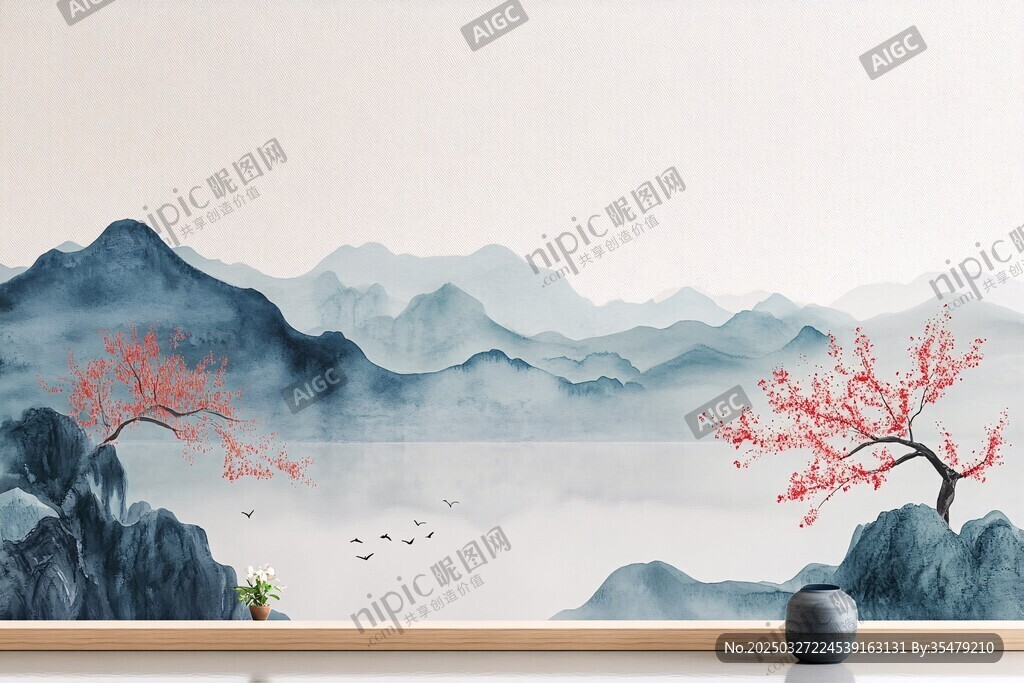 中式水墨山水意境背景圖