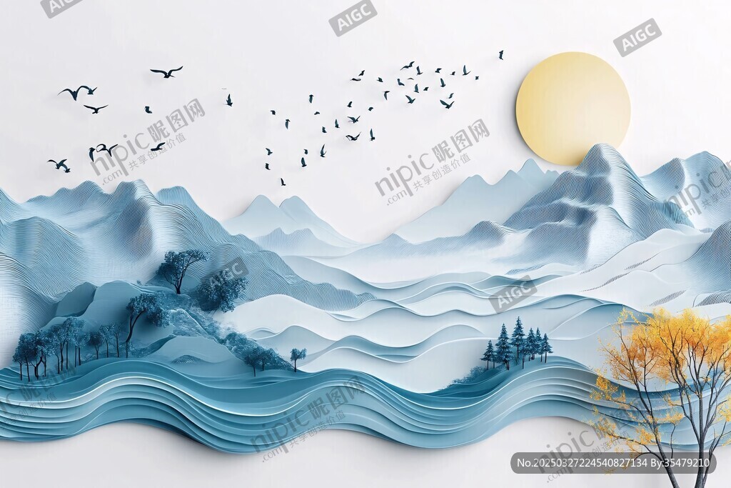 水墨風(fēng)山水飛鳥剪紙意境圖