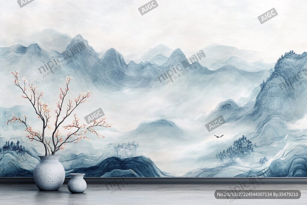 中式山水背景墻與花瓶