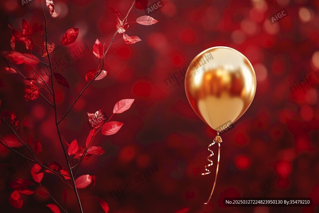 金氣球懸于緋紅枝葉間