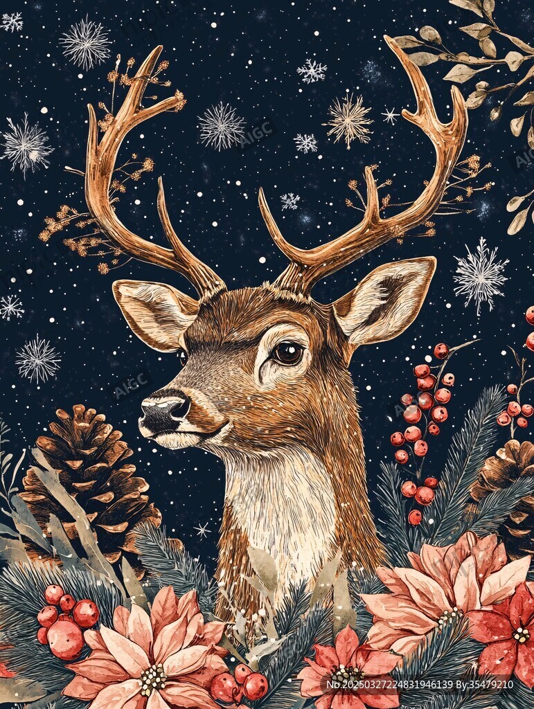 圣誕麋鹿花卉雪景插畫