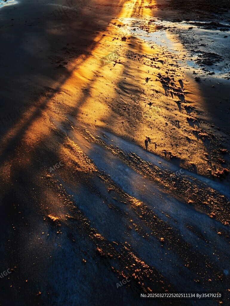 夕陽下沙灘上的光影痕跡