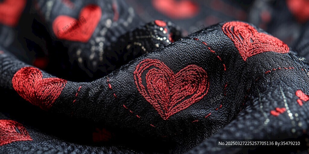 黑底紅心刺繡織物特寫