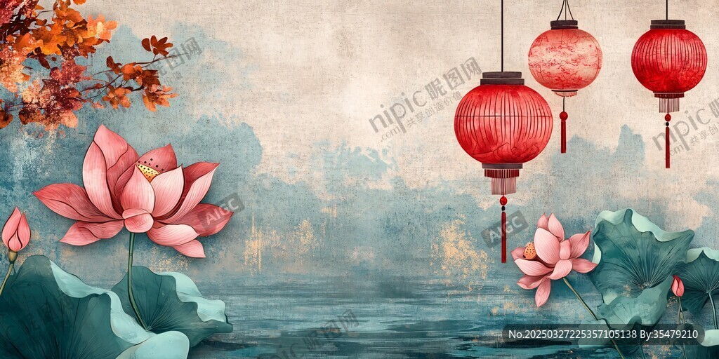 中式荷塘燈籠古風(fēng)美景