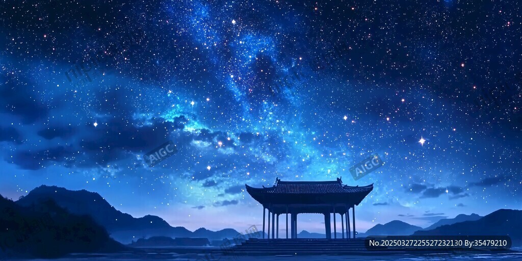 星空下的古風(fēng)亭閣夜景