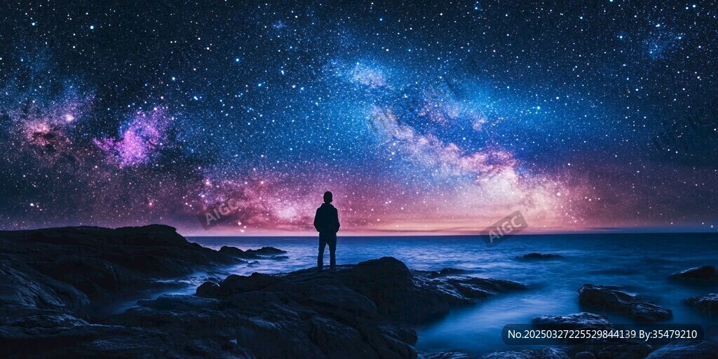 一人獨賞夢幻星空與大海