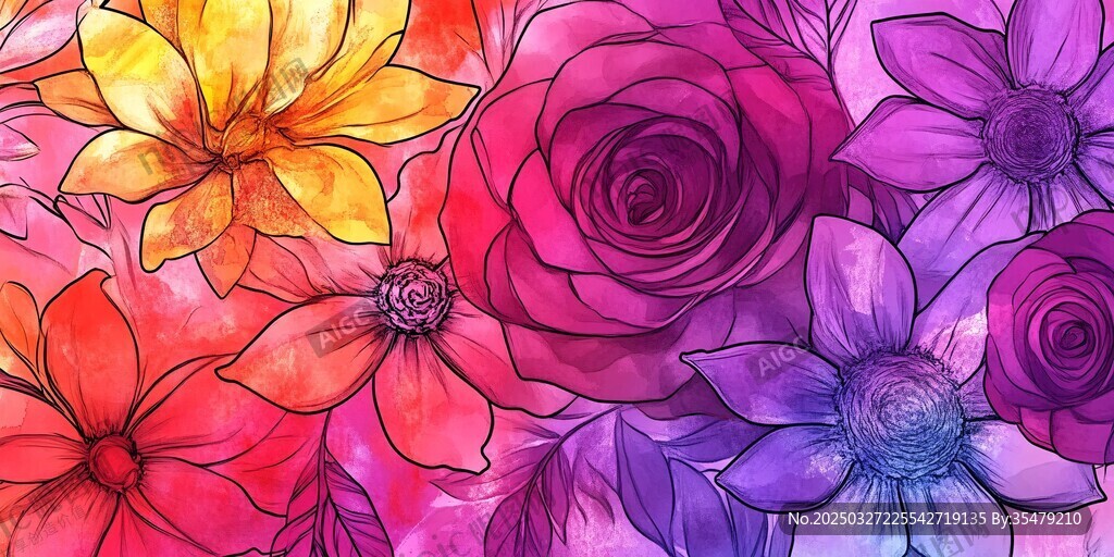 多彩花卉水彩藝術插畫