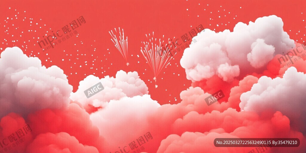 夢幻紅白云海間煙花綻放