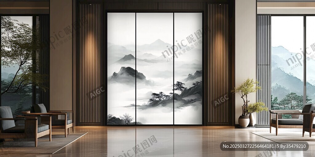 中式山水風(fēng)客廳玻璃隔斷