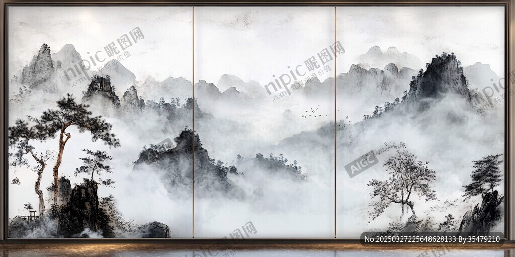 中式山水墨韻屏風畫