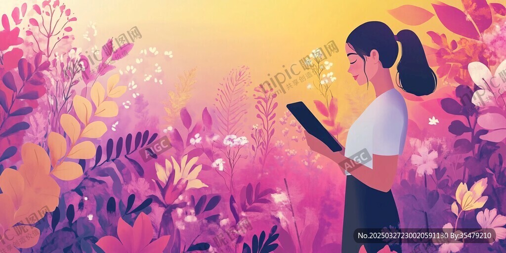 女孩于花叢中專注閱讀