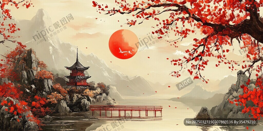 秋日山水古亭詩意風(fēng)光