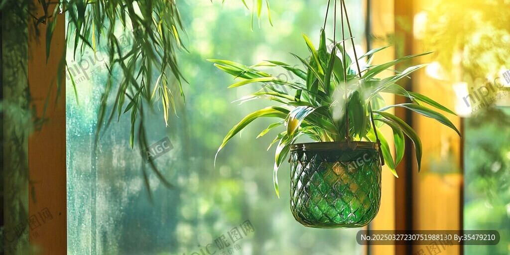 窗邊懸掛的翠綠清新盆栽