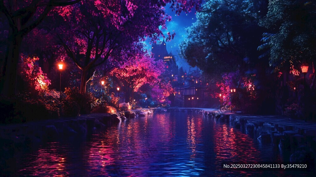 夢幻夜景河畔的絢麗光影