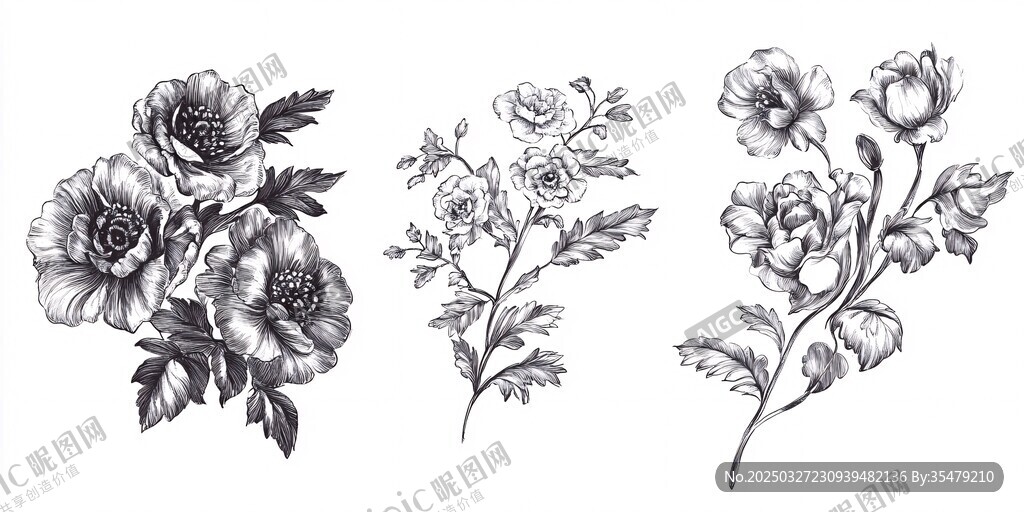 黑白花卉手繪插畫三則