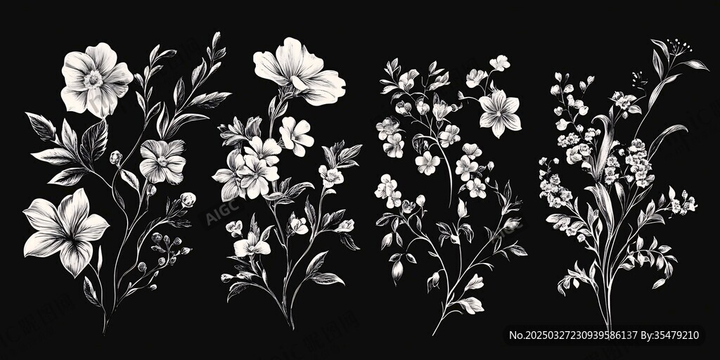 黑白花卉植物插畫
