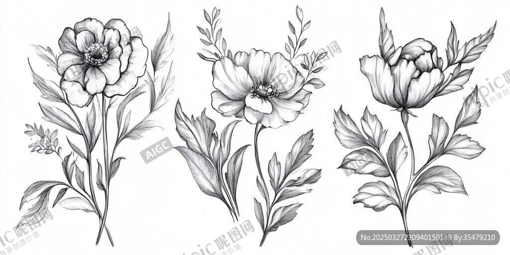 手繪花卉植物線稿插畫