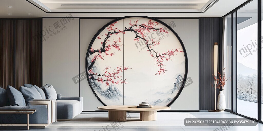 中式客廳之典雅梅花背景墻