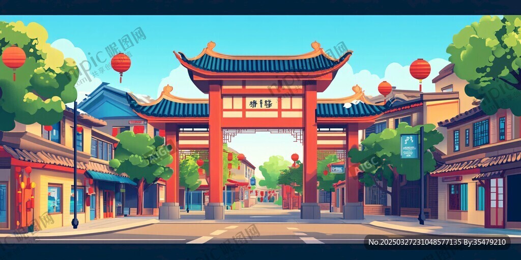 中式古街牌坊風(fēng)景插畫