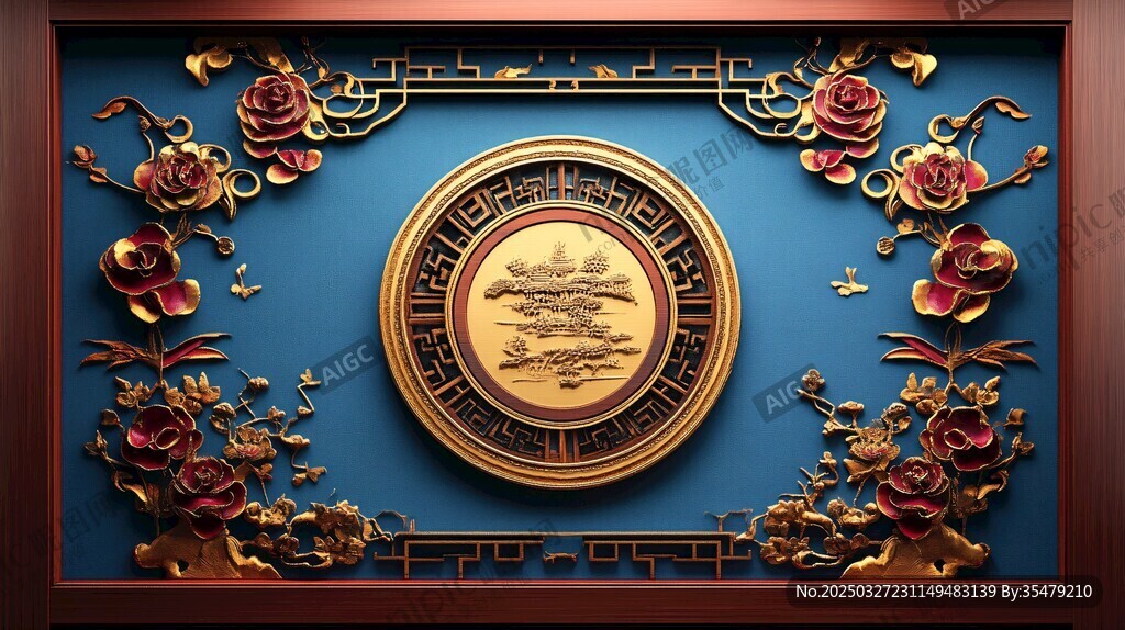 中式浮雕金盤花卉裝飾畫