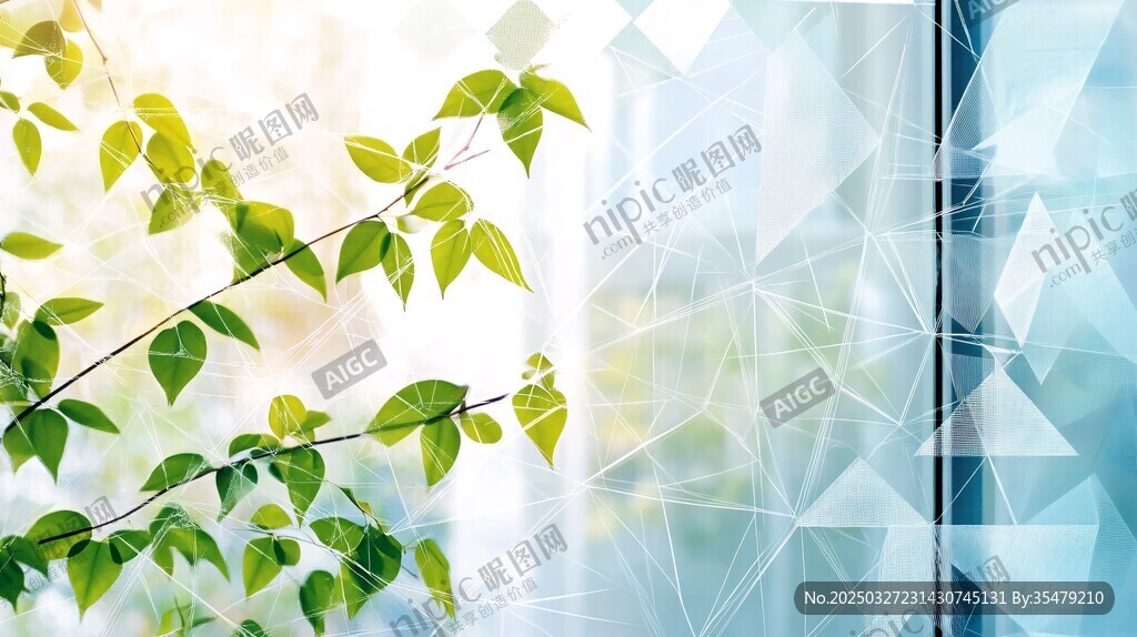 窗邊嫩綠枝葉與幾何背景