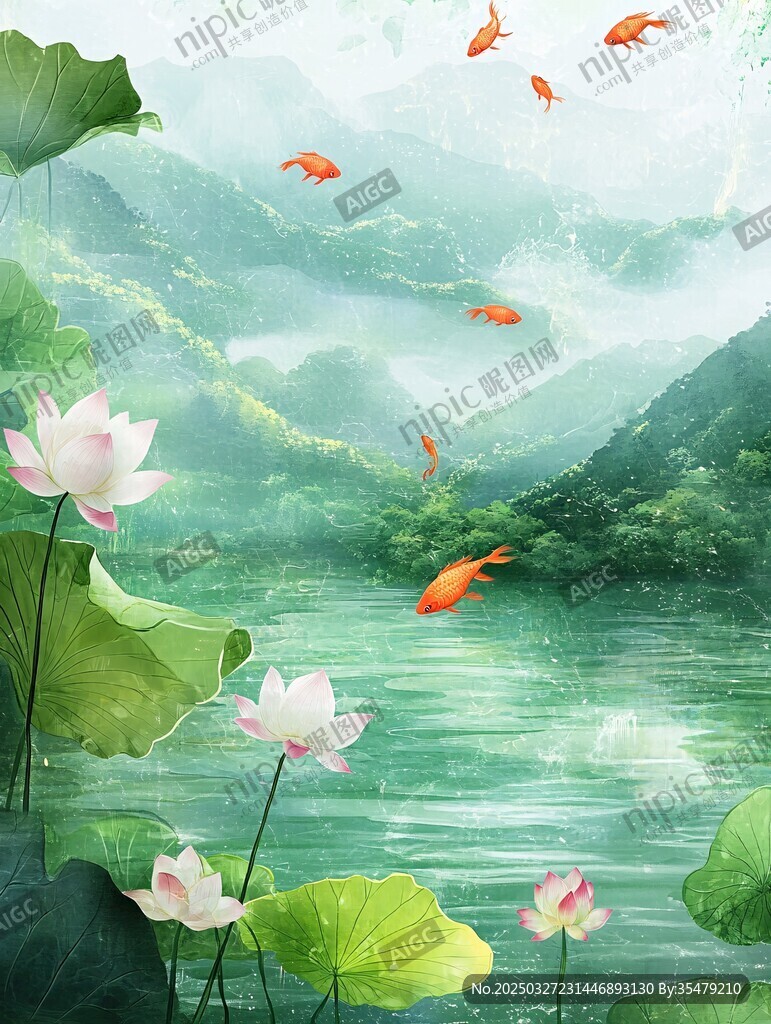 荷塘錦鯉圖