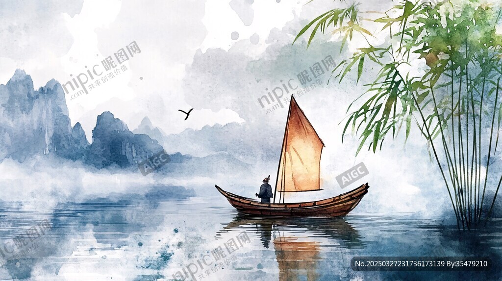 孤舟泛江景 水墨詩(shī)意濃